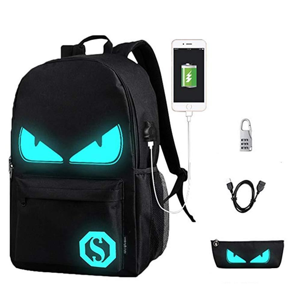 WYCY Anime Luminous Backpack Fashion Printing Schoolbag 36L with USB Charging Port and Anti-Theft Lock Pencil Case Unisex School Bag Rucksack with Embroidered Keychain Pendant (Black Eyes)