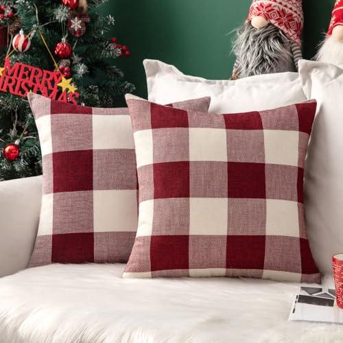 MIULEE Pack of 2 Christmas Classic Farmhouse Buffalo Check Plaids Linen Soft Soild Decorative Square Throw Pillow Covers Home Decor Cushion Case for Sofa Bedroom 18x18 Inch, White and Red