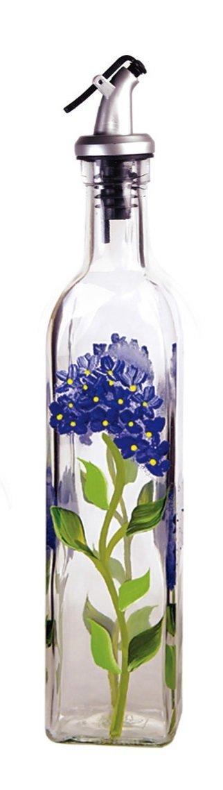 Grant Howard Hand Painted Square Cruet with Pourer, Blue Hydrangeas, 16 oz, Blue