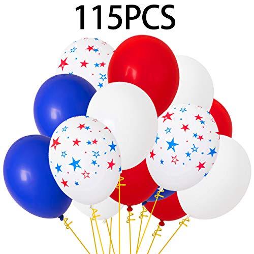 Moon Boat 115PCS Patriotic Decorations Star Latex Balloons - Red Blue White - Fourth of July Party Supplies