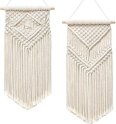 2 Pcs Macrame Wall Hanging, Wall-Mounted Small Woven Tapestry, Boho Chic Wood Beads Fringe Wall Art Home Decor, Suitable for Apartment, Nursery, Party Decorations, Nursery, Gallery, Wedding