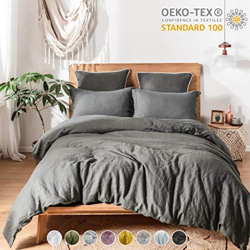 Simple&Opulence 100% Linen Duvet Cover Set 2pcs Stone Washed Natural French Flax Basic Style Solid Color Bedding with Button Closure (Twin, Grey)