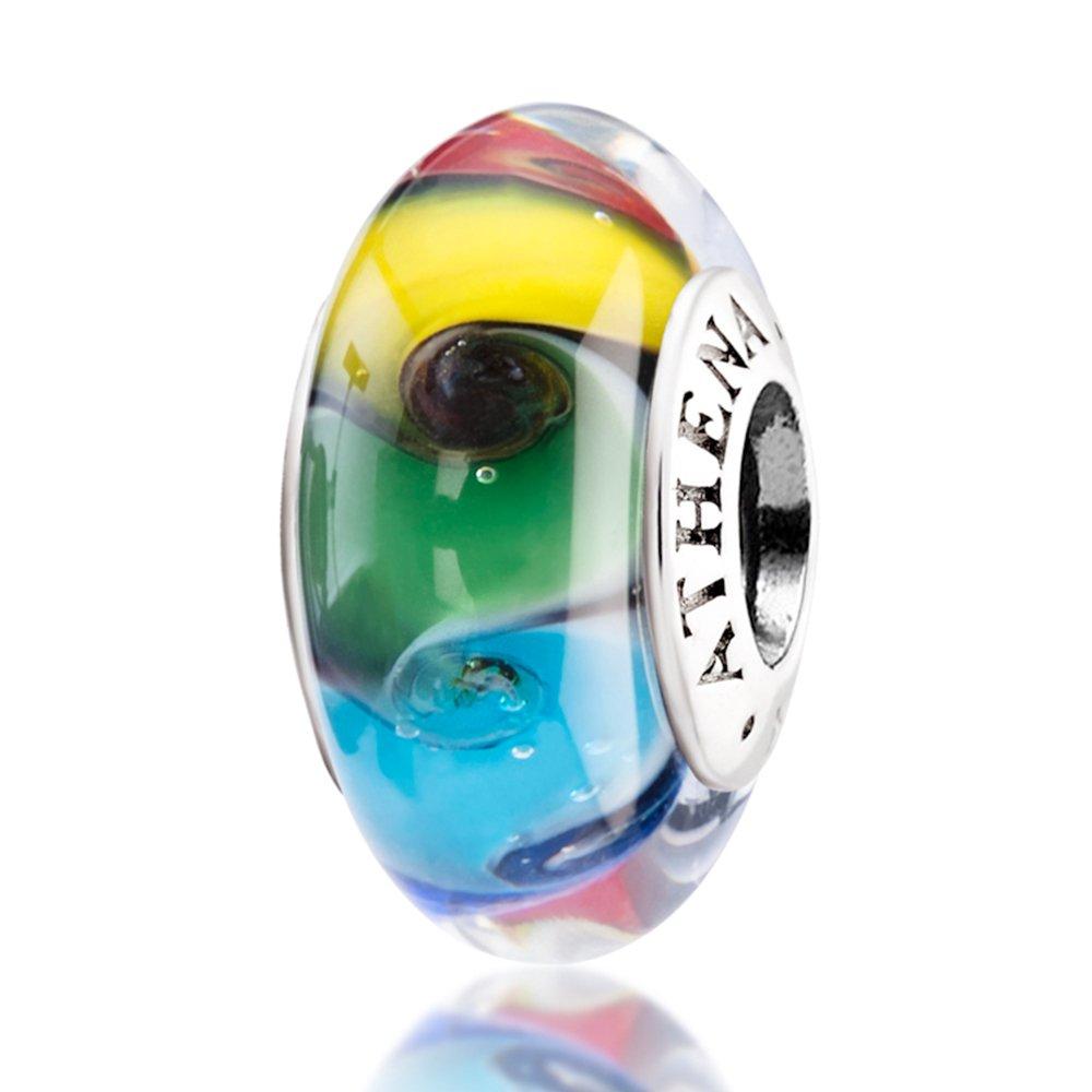 ATHENAIEMurano Glass 925 Silver Core Colored Swirl Rainbow Charms Bead for Bracelet