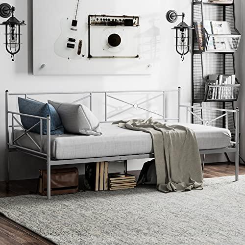 GiantexTwin Daybed Frame, Metal Sofa Single Bed Frame w/Metal Slat Support & Stylish Headboard, No Box Spring Needed, Multifunctional Platform Bed for Living Room Guest Room, Silver