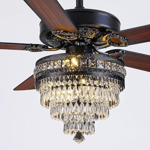 Crystal Ceiling Fan Fandelier with Lights - Modern Outdoor Fans with Remote Control，Noiseless AC Motor, Retro/Farmhouse Lighting, Dining Room， Living Room (52"