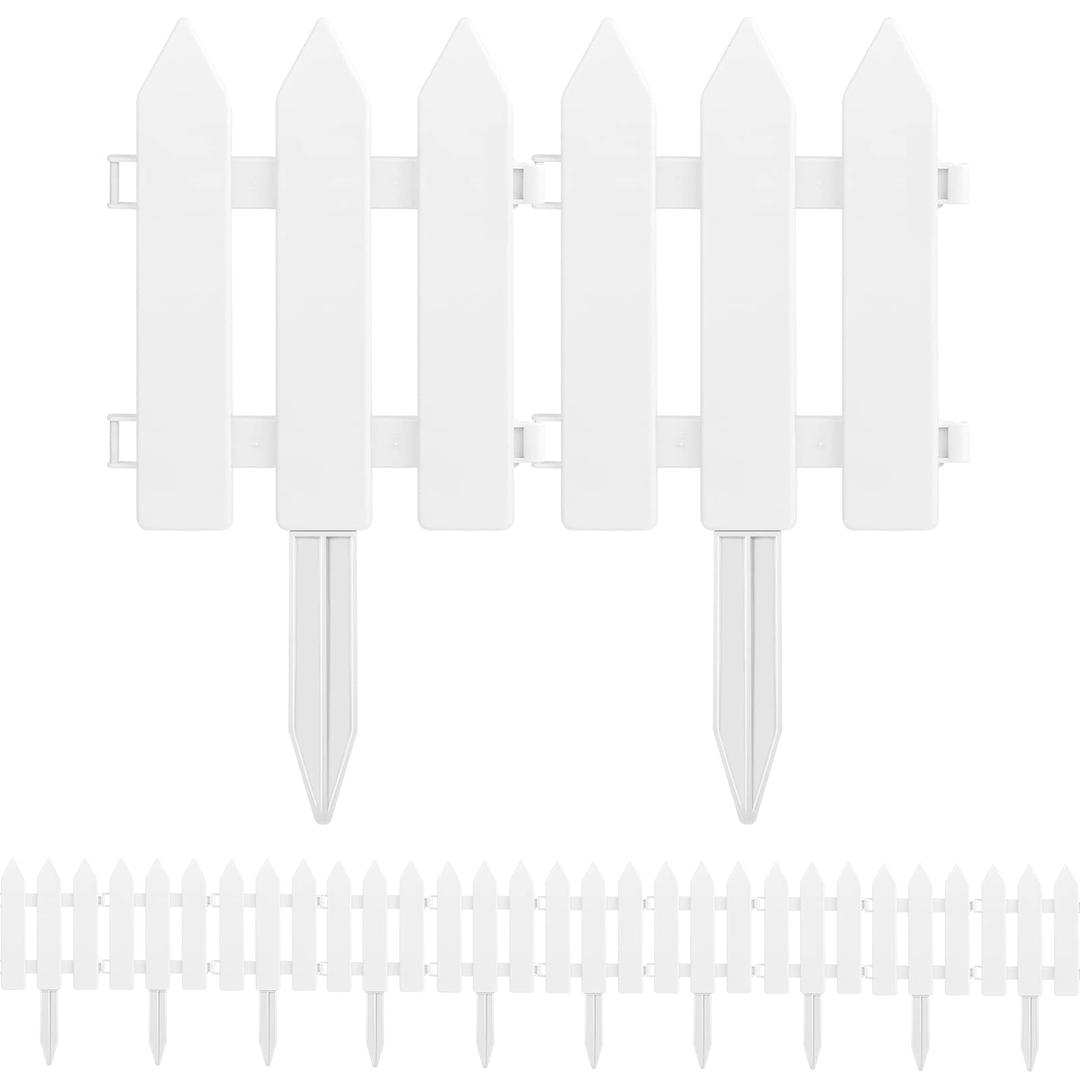 PLULON 12 Pieces Garden Fence with 12 Pieces Fence Insert White Plastic Fence Garden Picket Fence Edgings Lawn Flowerbeds Plant Borders Decorative Garden Yard