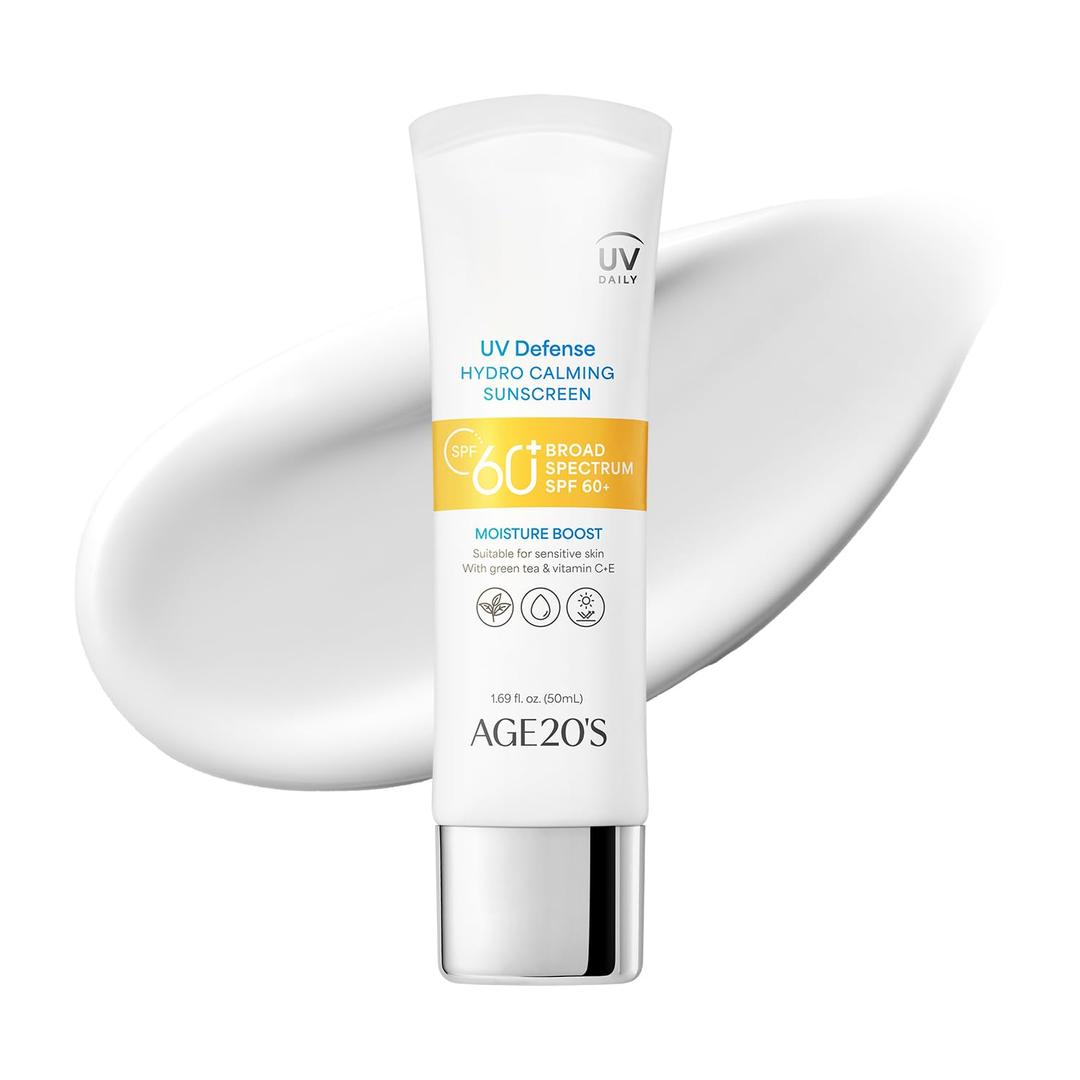 AGE20'S UV Defense Hydro Calming Sunscreen SPF 60+ | Moisturizing Creamy Formula, No White Cast, Lightweight Finish | Green Tea + Aloe Vera + Vitamin C | Dermatest Excellent | 1.69 fl.oz