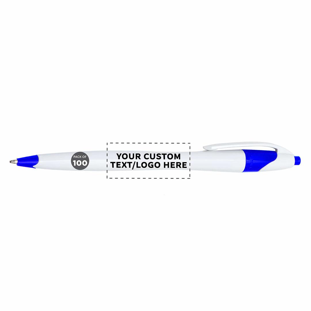 DISCOUNT PROMOS Custom Slim Curvy Ballpoint Pens Set of 100, Personalized Bulk Pack - Black Ink, Retractable, Great for Office, School, Tradeshows - Blue Black