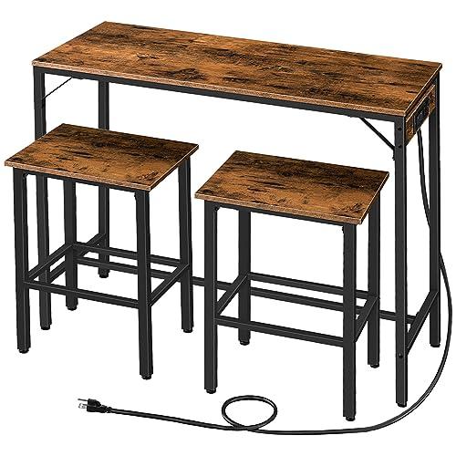 HOOBRO Bar Table and Chairs Set, 47.2" Dining Table Set with Power Outlet, 3-Piece Pub Table Set, Kitchen Bar Height Table with Stools of 2, Space Saving for Living Room, Rustic Brown BF46UBT01