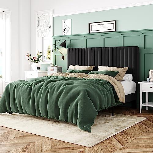 Allewie Queen Bed Frame, Velvet Upholstered Platform Bed with Vertical Channel Tufted Headboard, Mattress Foundation with Strong Wooden Slats, Box Spring Optional, Easy Assembly, Black