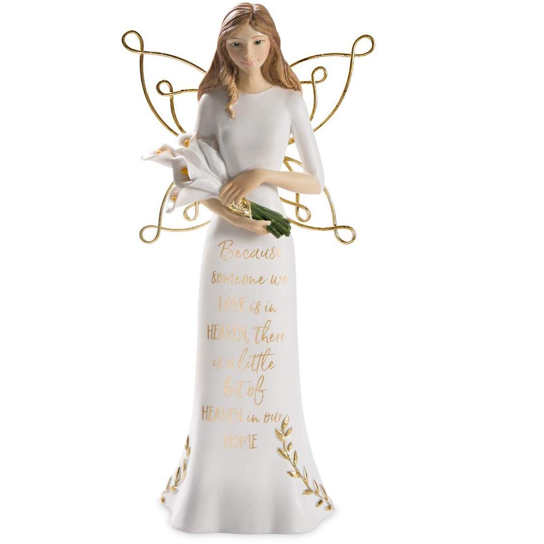 Pavilion Gift Company Because Someone We Love, Little Bit of Heaven in Our Home Gold & White in Memory Figurine 7.5" Angel Holding Calla Lilies, 7.5 Inch Tall