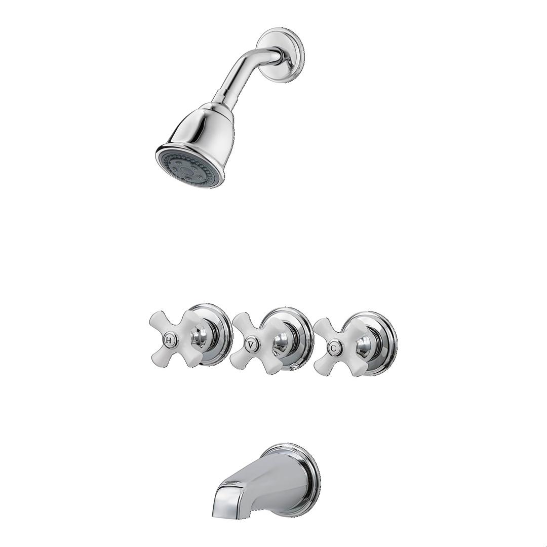 Pfister LG01-8CPC 3 Tub & Shower Faucet with Metal Cross Handles, Combo-Chrome/White Porcelain