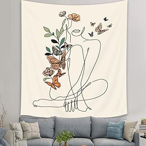 SVBright Abstract Woman Butterfly Fabric Wall Hanging Tapestry 51Wx59H Inch Minimalist Modern Flower Plant Mid Century Terracotta Aesthetic Portrait Beige Home Decor Art for Living Room Bedroom Dorm