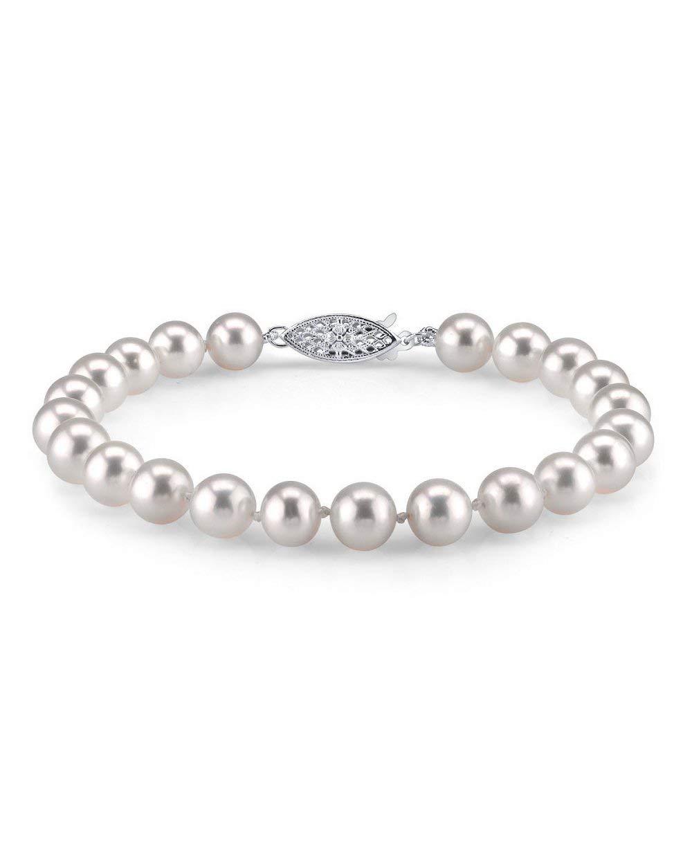 The Pearl Source14K Gold 7-7.5mm Round White Japanese Akoya Saltwater Cultured Pearl Bracelet for Women