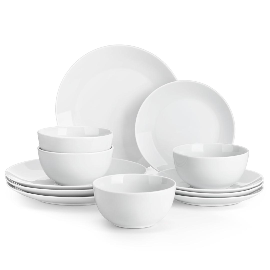 MALACASA 12 Pieces Gourmet Porcelain Dinnerware Sets, Modern White Dish Set for 4, Premium Serving Plates and Bowls Sets, Chip and Scratch Resistant Dishware Sets, Series AMELIA