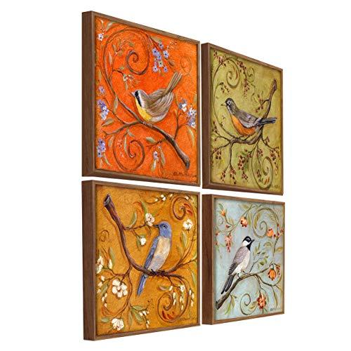 Painting Mantra Bird Framed Painting Set of 4 Framed Canvas Painting Art Print - 13x13 Inchs