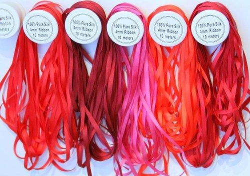 New ThreadNanny 5 Spools of 100% Pure Silk Ribbons - 4mm x 10 Meters - Red Shades