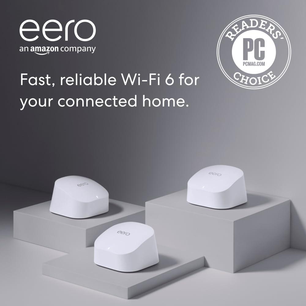 Amazon eero 6 mesh wifi system - Supports speeds up to 500 Mbps, Connect to Alexa, Coverage up to 4,500 sq. ft., 3-pack, one router + two extenders