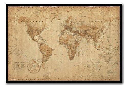 World Map Poster Ye Old Parchment Cork Pin Memo Board Black Framed - 96.5 x 66 cms (Approx 38 x 26 inches)