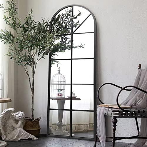 Floor Full Length Mirror, Black Arched-Top, Large Window Pane Mirror, Wall Mounted Mirror, 65"x22" Standing Mirror Hanging or Leaning, Body Mirrors for Bedroom, No Stand