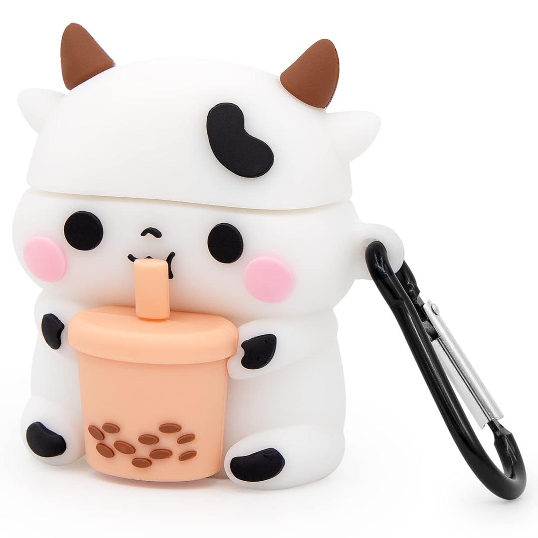 Cute Airpods 2 Case, Boba Tea Cow Funny 3D Cartoon Animal Case, Soft PVC Full Protection Shockproof Charging Cover with Carabiner for Airpods 1st Generation, 2nd Generation