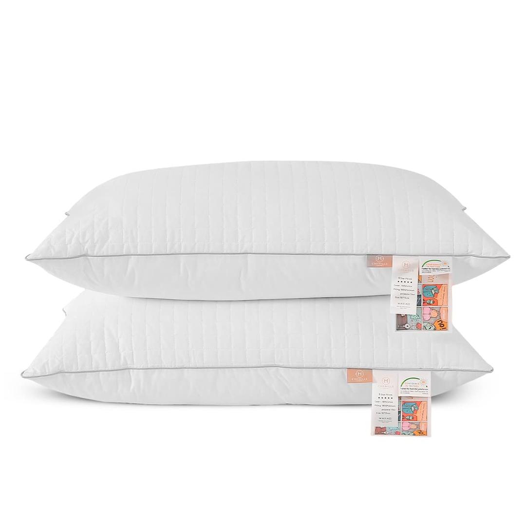 Chenille Home Cotton Bed Pillows (50x75cm) for Sleeping, Down Alternative Hotel Quality Set of 2, Hypoallergenic for Side Back Sleepers(Queen Size)