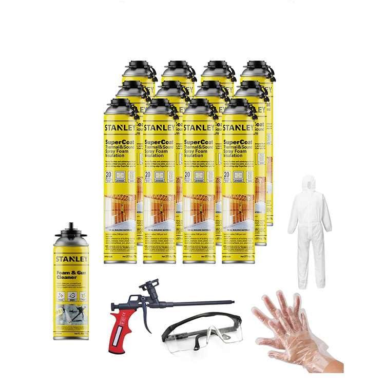 STANLEY Supercoat Spray Foam Insulation Kit - Closed Cell Spray Foam Covers Up to 240 Sq.Ft. - Including Gun, Cleaner, Safety Items - 27.1 oz, 12 Pack