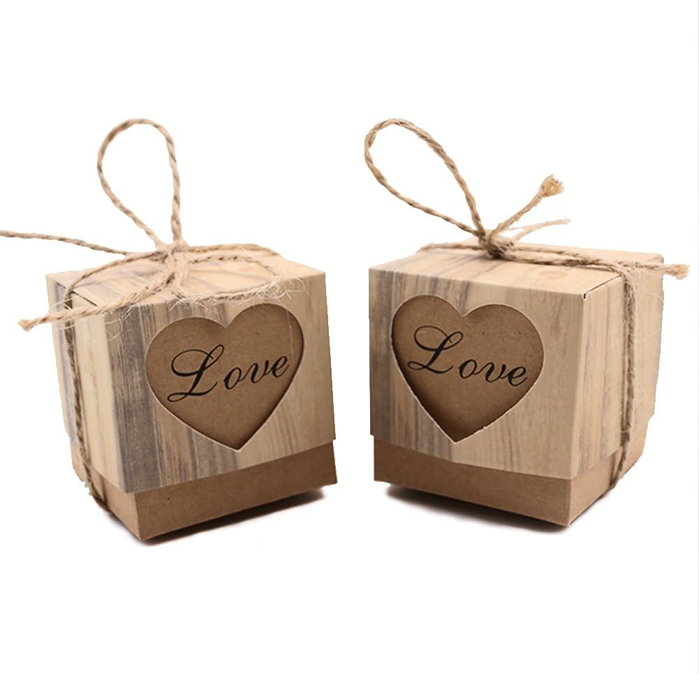 VGOODALL 100PCS Brown Gift Boxes, 2x2x2 Inches Mini Cube Brown Candy Gift Boxes with Heart Burlap Jute Twine for Wedding Bridal Shower Birthday Party Christmas