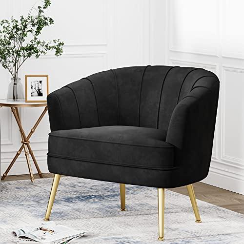 Andeworld Velvet Accent Chair, Upholstered Modern Single Sofa Side Chair,Comfy Barrel Club Living Room Armchair with Golden Metal Legs for Bedroom Living Reading Room Office, Black