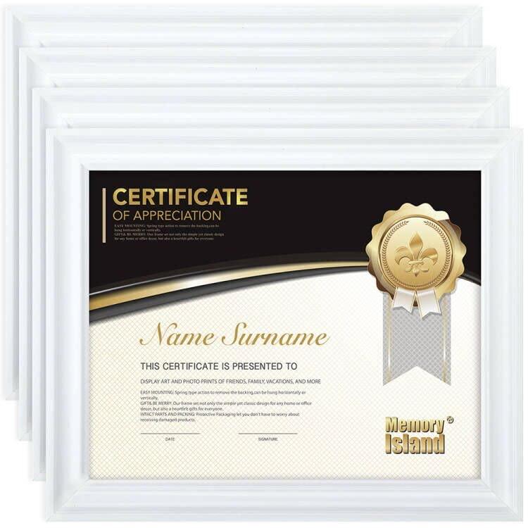 Memory Island8.5x11 Document frames,Real Glass Fronts, 4 Pack Certificate Frames for Wall Or Tabletop Display,Diploma Frames For Degree Award,Distressed white wooden grain