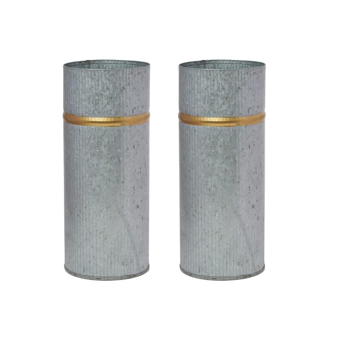 Hosley Set of 2 Galvanized Vases with Gold Rim Ideal Floral Vases for Farmhouse Kitchen Decor Rustic Elegance and Modern Appeal in One Farmhouse Chic