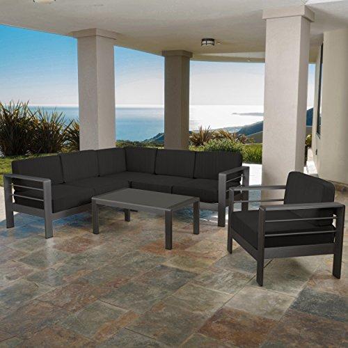 Christopher Knight Home Coral Bay Outdoor Grey Aluminum 5 Piece V-Shape Sectional Sofa Set with Club Chair