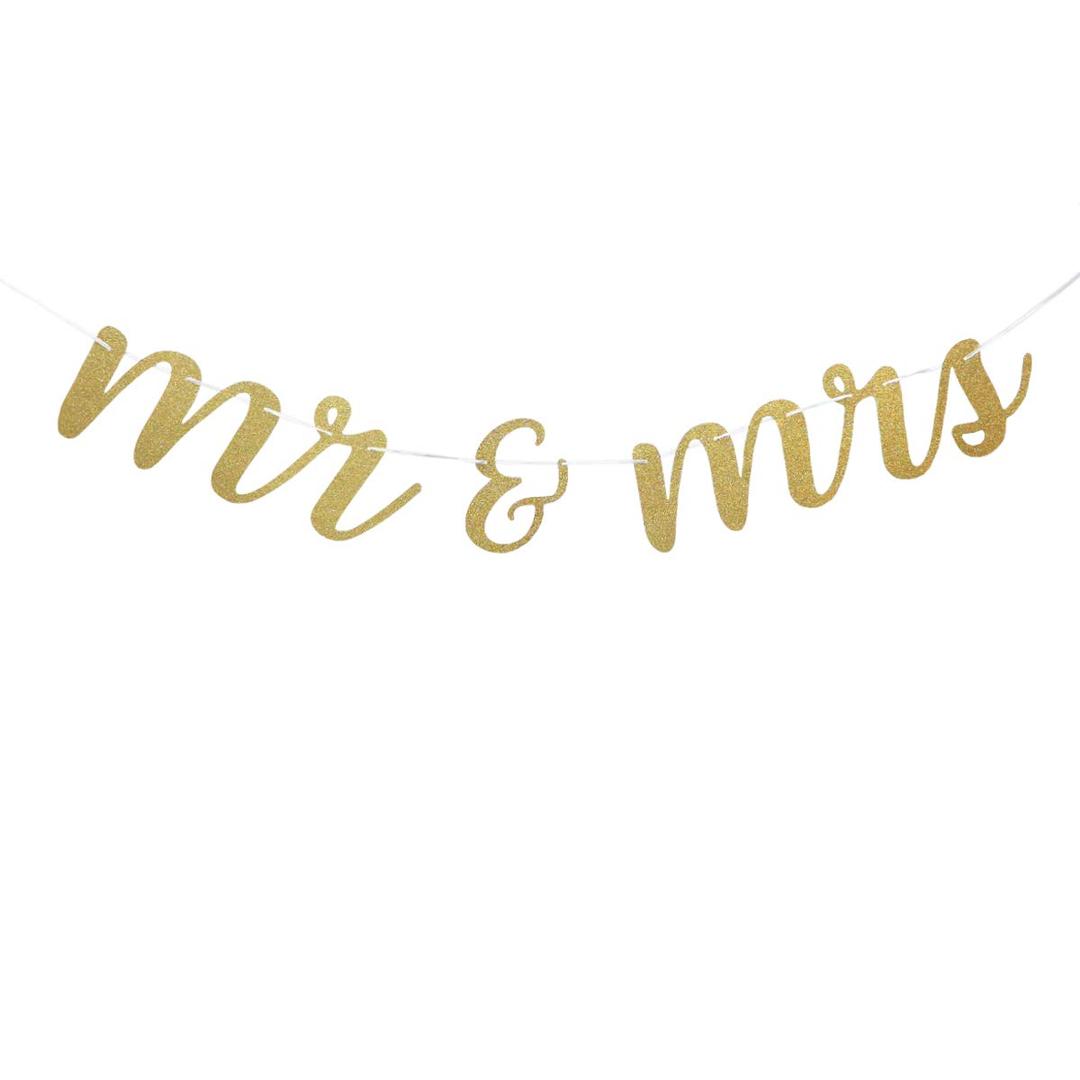 Pre-Strung Mr & Mrs Sign for Wedding Table - Wedding Decorations for Reception and Ceremony, Wedding Sign Gold Wedding Decor, Sweetheart Table Wedding Banner for Bride and Groom Chair - by Prazoli