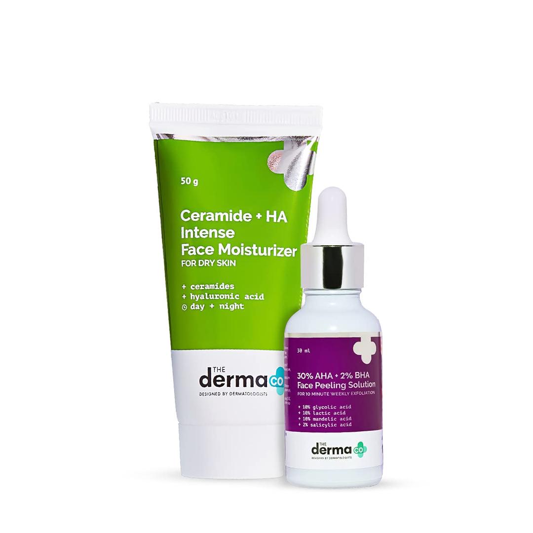 The Derma Co Glowing Skin Combo - 30% AHA + 2% BHA Face Peeling Solution (30 ml) + Ceramide + HA Intense Face Moisturizer (50 g)