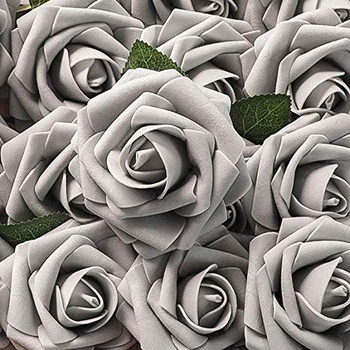 Carreking Artificial Flowers Roses 25pcs Real Looking Light Grey Fake Roses DIY Wedding Bouquets Shower Party Home Decorations Arrangements Party Home Decorations (25pcs Light Grey)