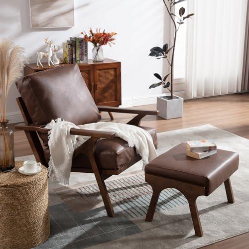 ZHENGHAO Accent Chair with Ottoman, Mid Century Modern Lounge Chair with footrest, Comfy Pu Leather Armchair for Reading/Living Room/Bedroom, Brown