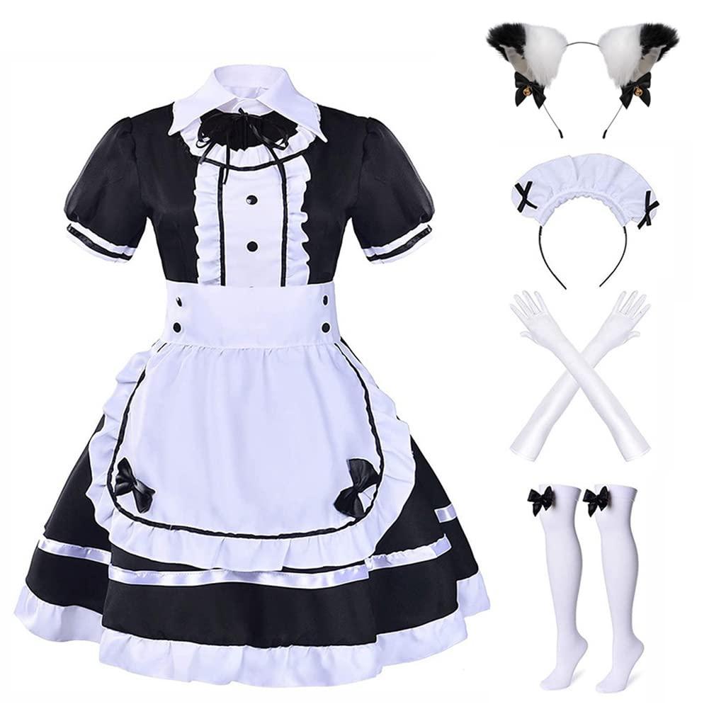 Formemory Maid Dress Cosplay Set, Women’s Maid Costume Outfit with Gloves Socks Headwear Halloween Costumes for Girl Fancy Dress