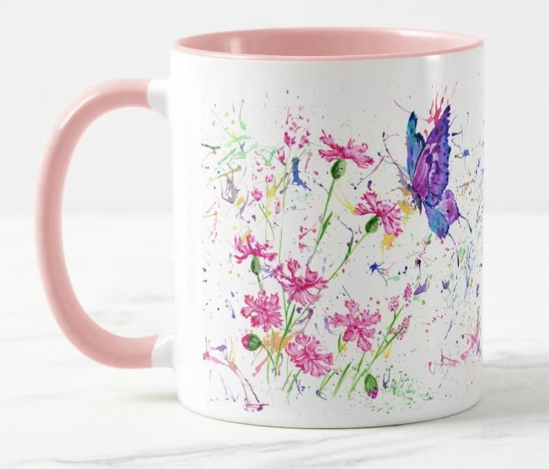 Vixar Flower Butterfly Watercolour Art Coloured Mug Cup Gift Birthday Work Office Christmas Tea Coffee (Pink)