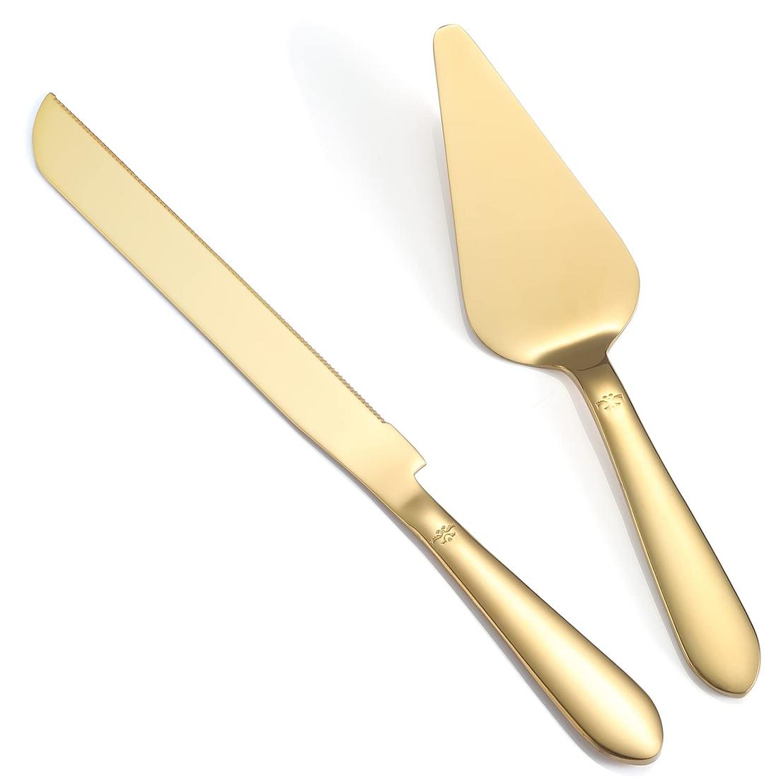 Cake Cutting Set for Wedding, Elegant Knife and Server with Thickened Stainless Steel Rounded Edges, Cutter Pie Spatula Birthday Anniversary Christmas Gift of 2, Gold