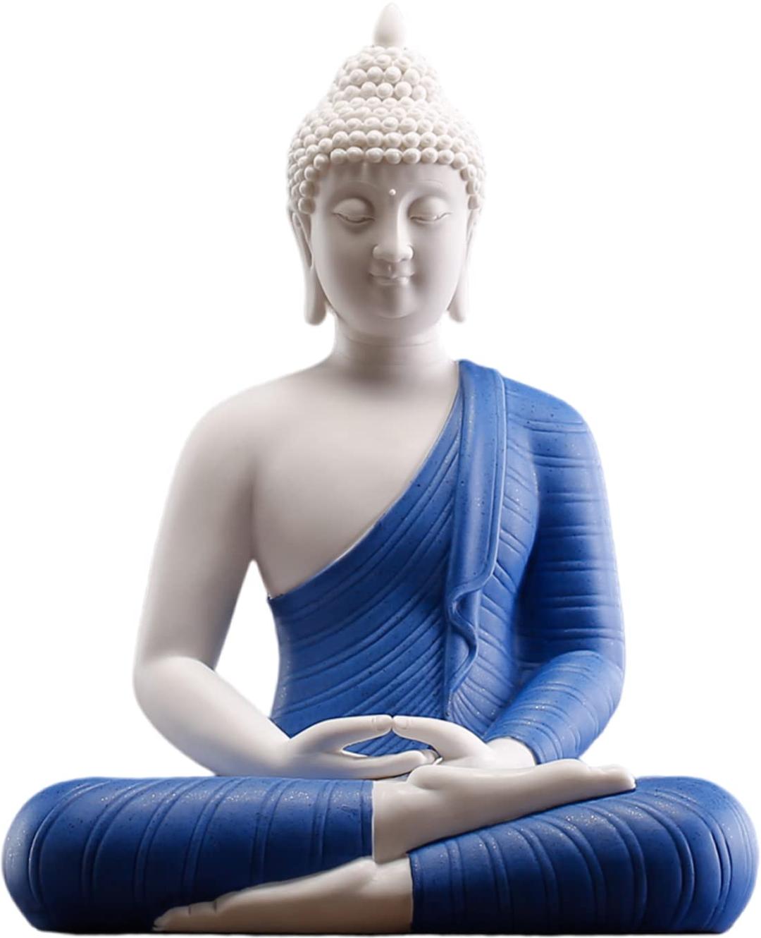 Qinlang 12 inch Blue Buddha Statue for Home Decor, Ceramic Meditation Buddha Decoration for Home