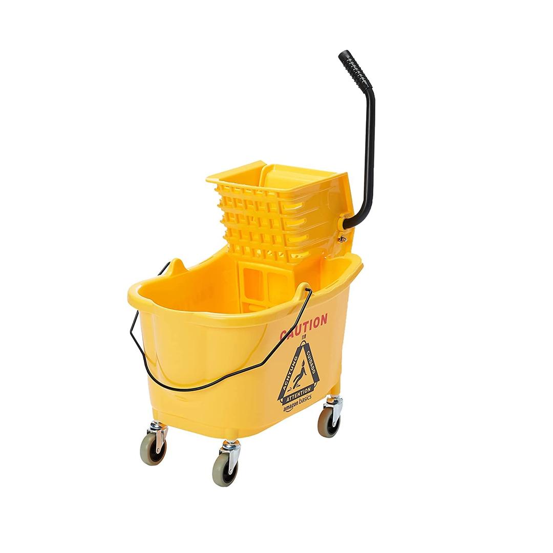 Amazon Basics Side Press Wringer Combo Commercial Floor Cleaning Rectangular Mop Bucket on Wheels, 35-Quart, Yellow