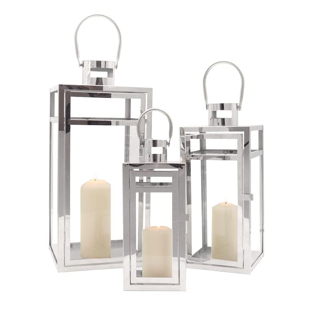 TRIROCKS Set of 3 Stainless Steel Decorative Lantern 48cm&38cm&30cm High Metal Hanging Lantern with Clear Glass Panels Perfect for Home Decor Living Room Indoor Tabletop Outdoor (Silver)