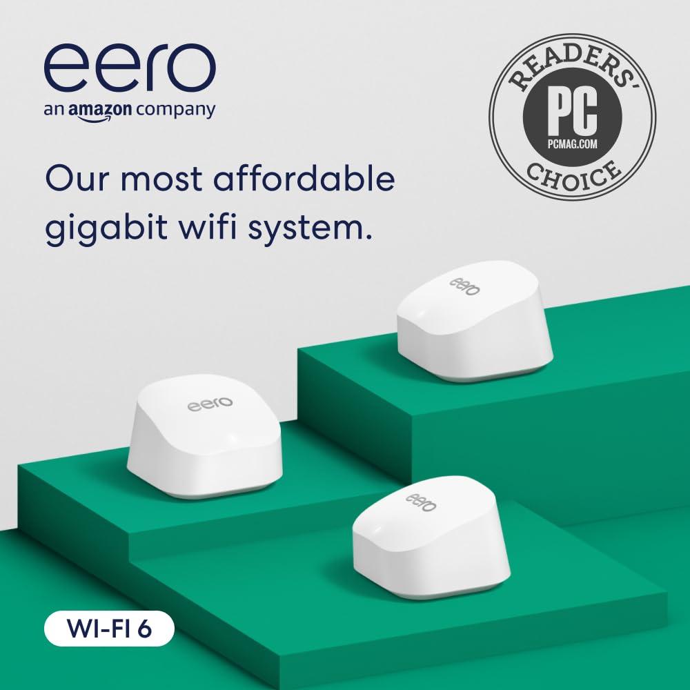 Amazon eero 6+ mesh wifi router (newest model) - Say goodbye to wifi dead spots, Coverage up to 4,500 sq. ft., Connect 75+ devices, 3-pack