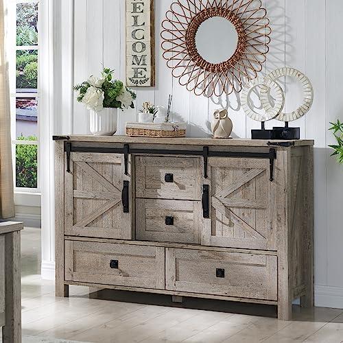 T4TREAM 48'' Farmhouse Dresser w/4 Drawers & Sliding Barn Doors, Tall Chest of Drawers, Rustic Dresser TV Stand w/Shelf for Bedroom, Living Room, Foyer,Light Rustic Oak