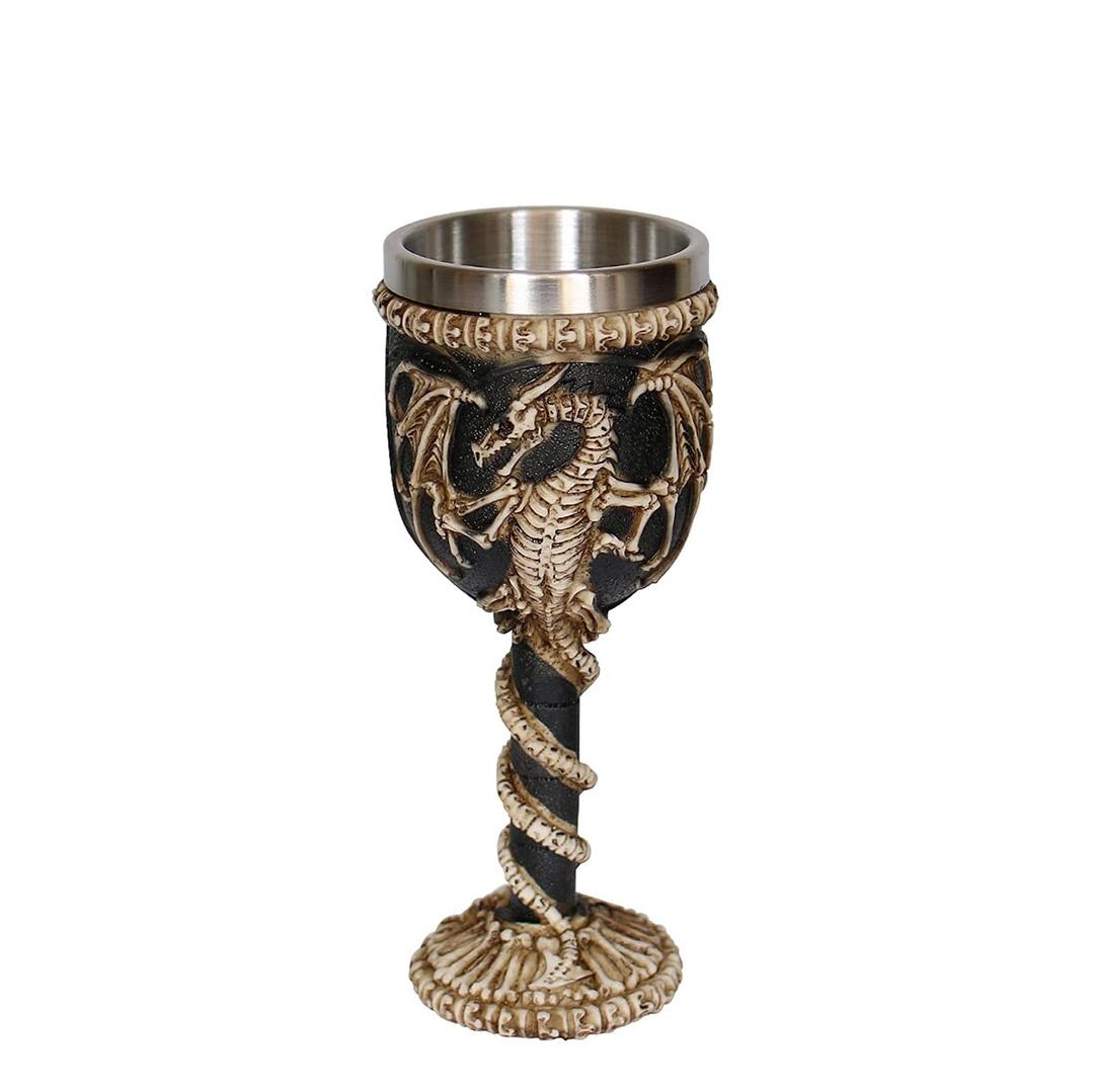 Stainless Steel Medieval Dragon Chalice Goblet, Gothic Dragon Skeleton Ossuary Wine Cups 7oz.