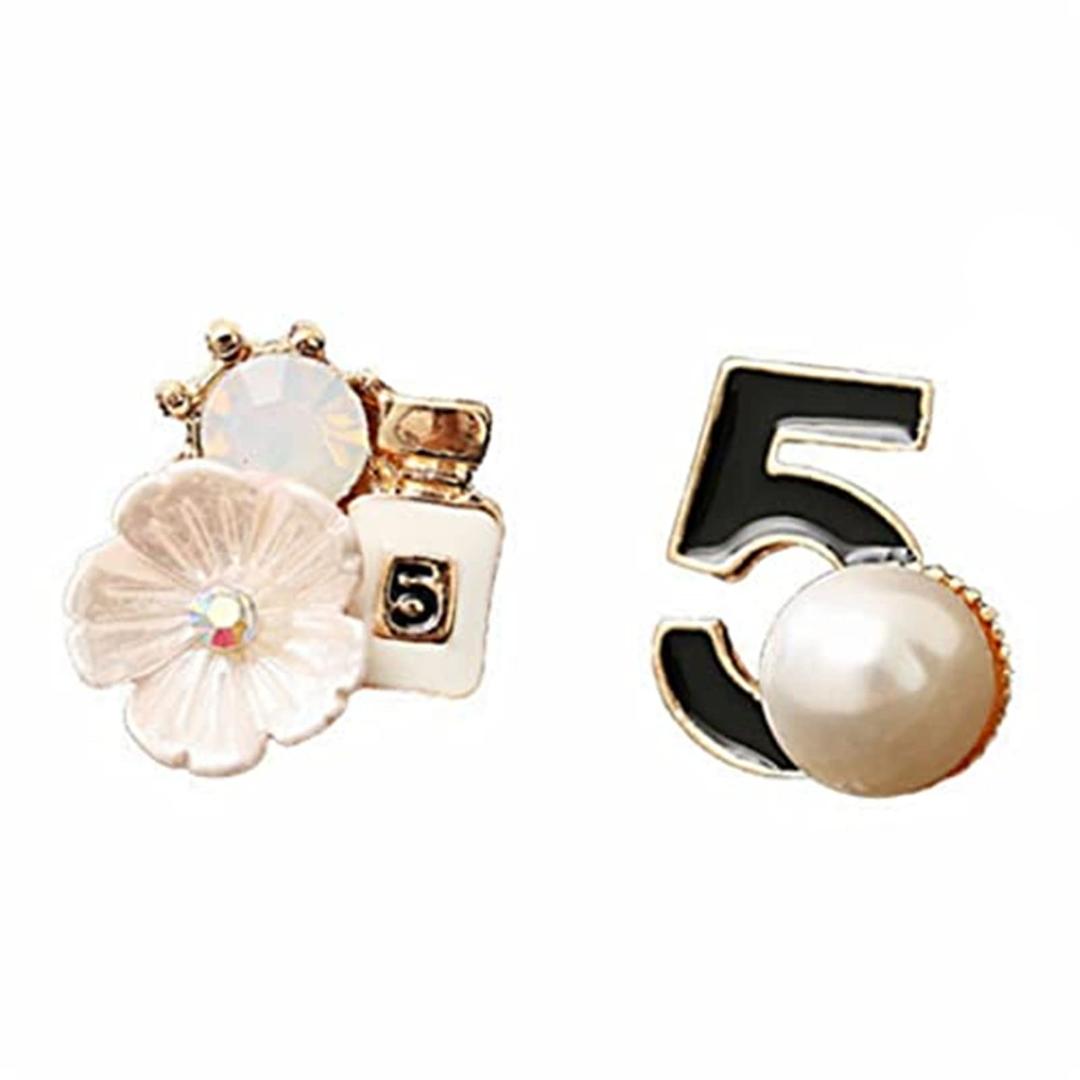 CareUTooVintage Number 5 Earrings Camellia Studs Asymmetrical Pearl Earrings Jewelry for Woman Pearl Jewellery