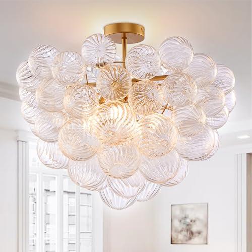 Semi Flush Mount Bubble Ball Chandelier Decorative Clear Swirled Ribbed Blown Glass Globe Gold Chandeliers Ceiling Medallions Light Fixture Dia 24" for Dining Living Room Bathtub Bathroom