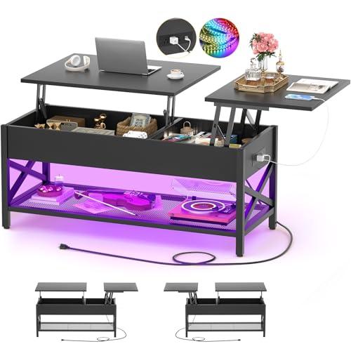 Aheaplus Black Lift-Top Coffee Table with LED Light, Power Outlets and Storage Shelf, 41.7"W x 19.69"L x 19.7"H