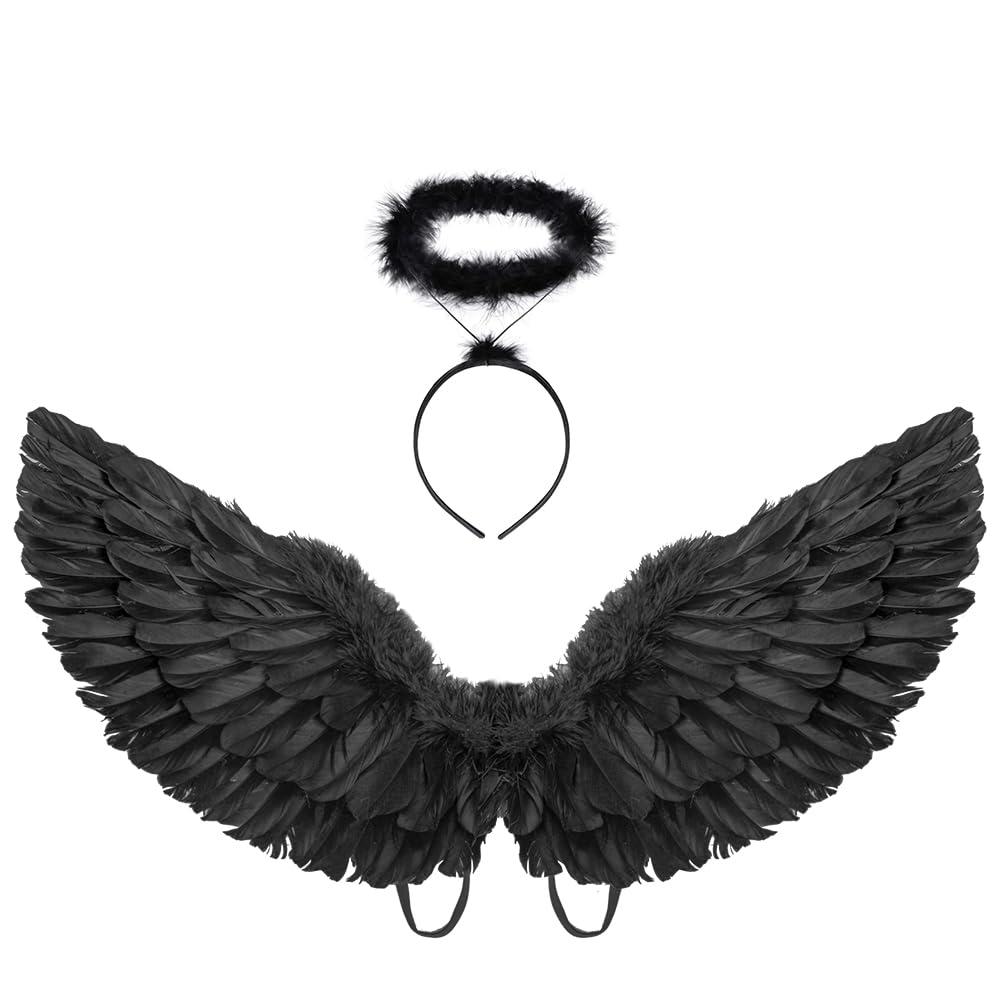 DVGUNDark Angel Costume Wings and Halo for Kids fallen Angel Adult Feather Wings(Black)