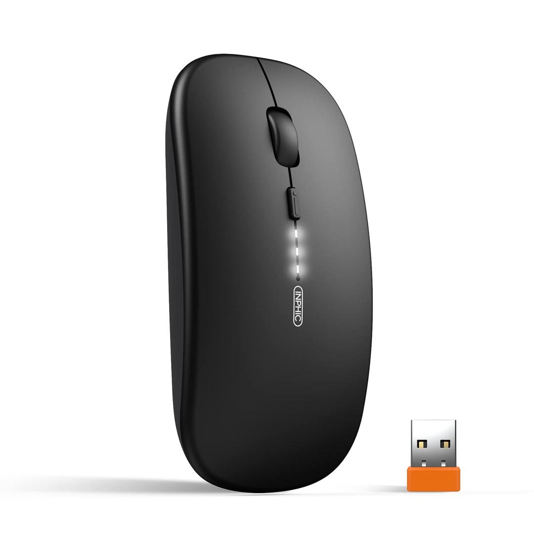 INPHIC Wireless Mouse, 2.4G Silent Rechargeable Ultra Slim USB Portable Mouse, 1600 DPI & 400mAh Battery with Visible Level for Laptop PC Computer & MacBook (LED-Black)